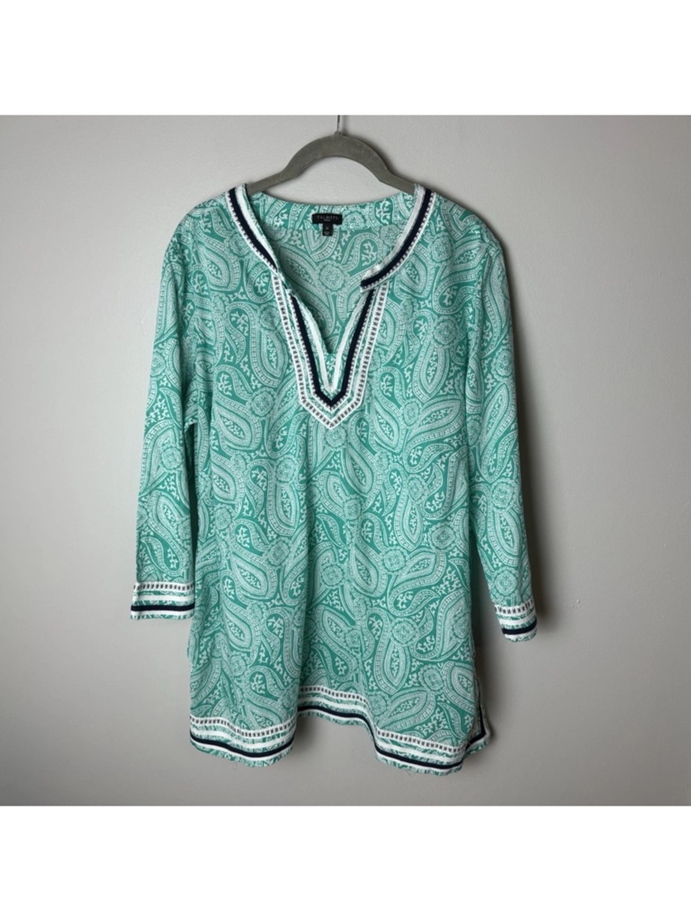 Talbots Tunic Top Plus Size 1X 3/4 Sleeves Cotton Paisley Green White Navy Blue - Picture 2 of 7
